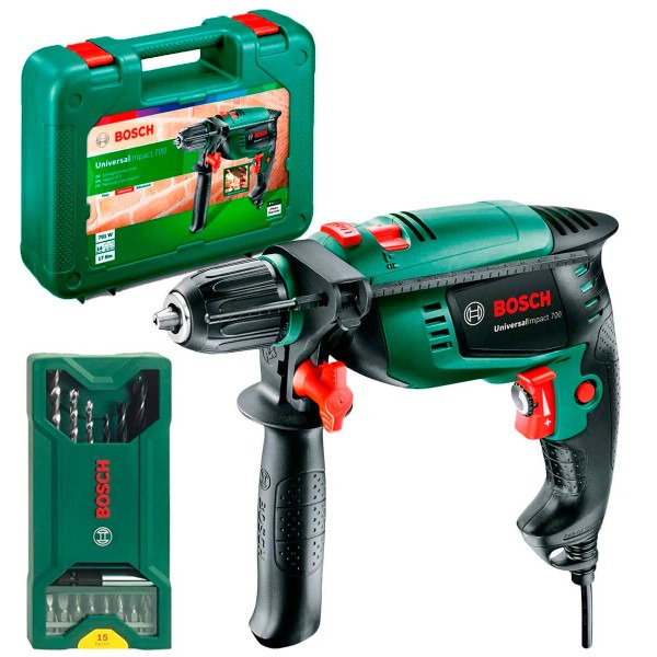 Дриль ударний Bosch UniversalImpact 700 у кейсі з набором свердл і біт X-line (15 шт) (0.603.131.00F)