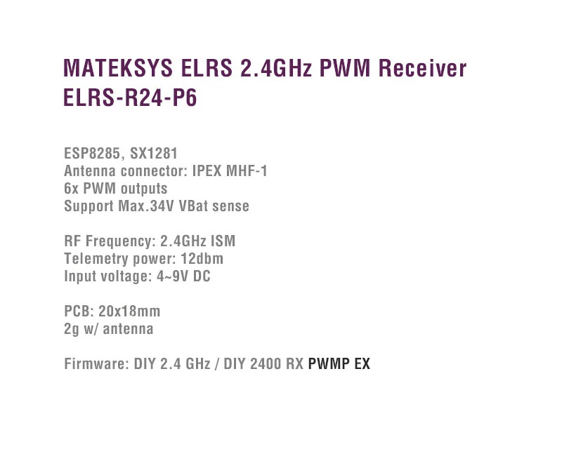 Приймач Matek ELRS 2.4GHz PWM receiver, ELRS-R24-P6