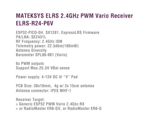 Приймач Matek ELRS 2.4GHz PWM Vario Receiver, R24-P6V
